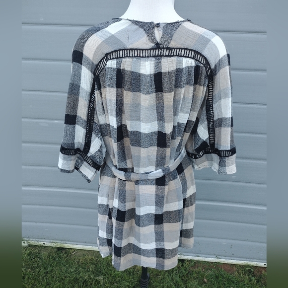 Anthropologie Maeve Plaid Kimono Belted Tunic Dress Black Tan White XS New - Picture 3 of 8